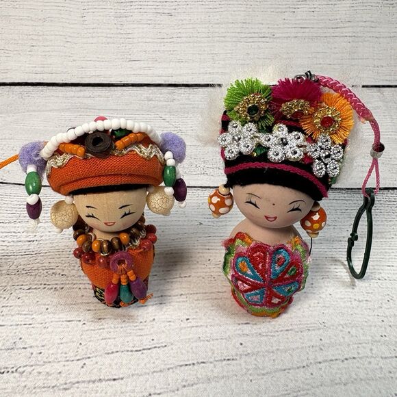 3" Mini Asian Dolls Lot 2 Ornaments Fabrics Beaded Wooden Traditional Costumes - Picture 1 of 6